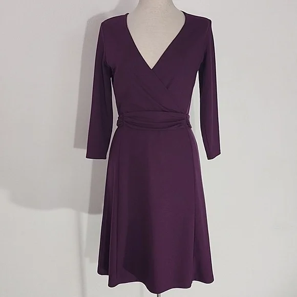 Lands' End Dress A-Line Stretchy Faux Belt 3/4 Sleeve Plum Size 4 - Picture 11 of 12